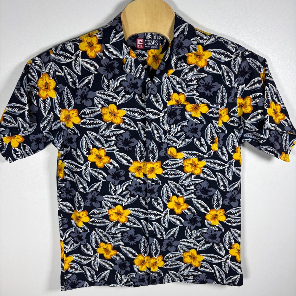Chaps Ralph Lauren Mens M Tropical Hibiscus Floral Button Down Shirt Navy Yellow